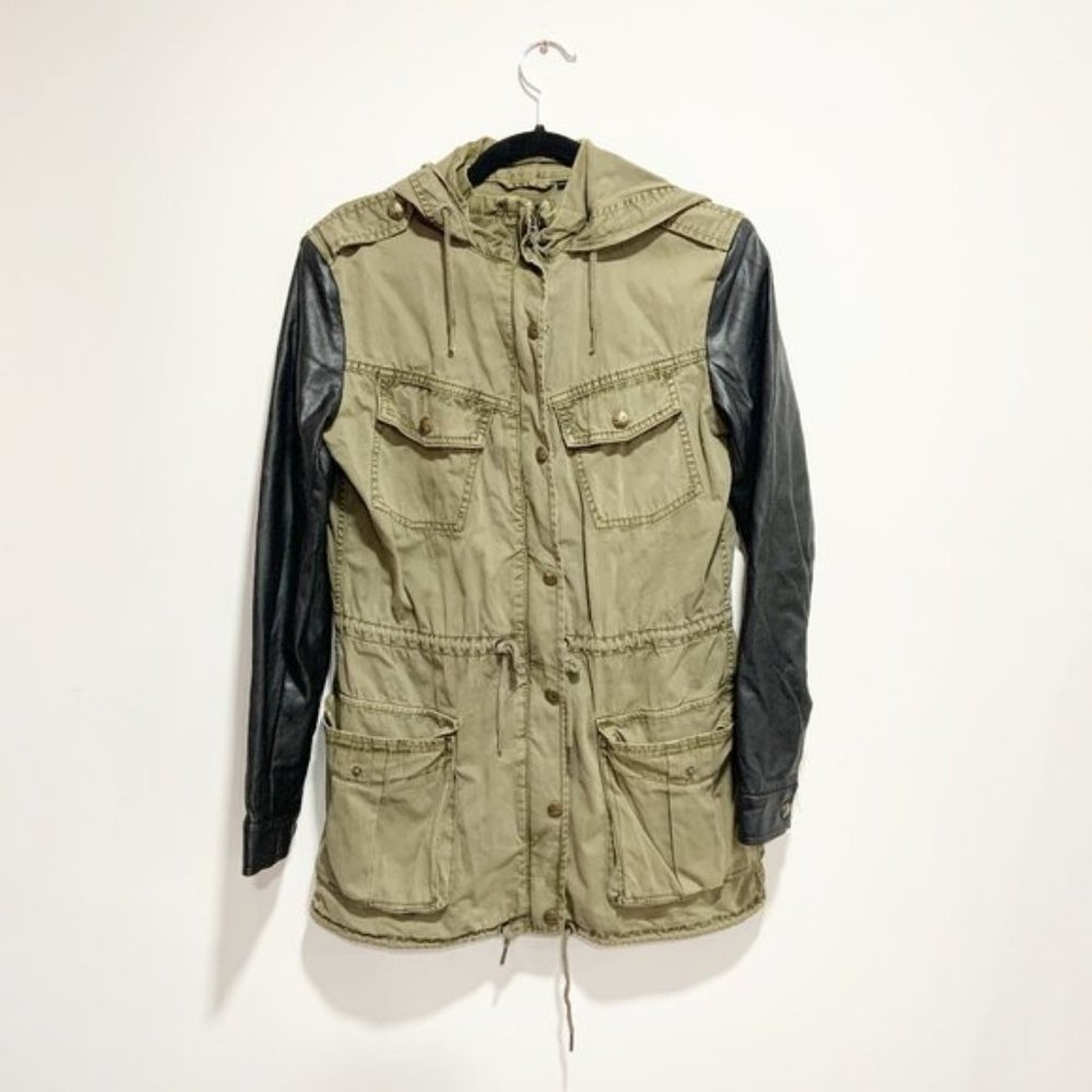 Talula Balfour Jacket Army Green Zip Up Ariztia Faux Leather Sleeve
